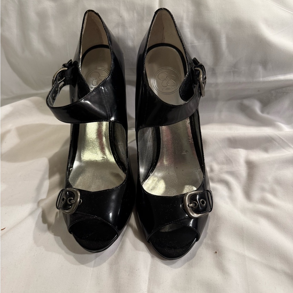 Jessica Simpson Black Peep-Toe Heels with Buckle
